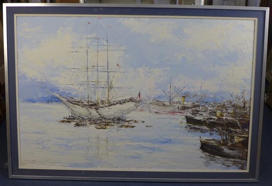 Francisco Maya (1915-1993) Shipping in Funchal harbour, 30 x 45in.